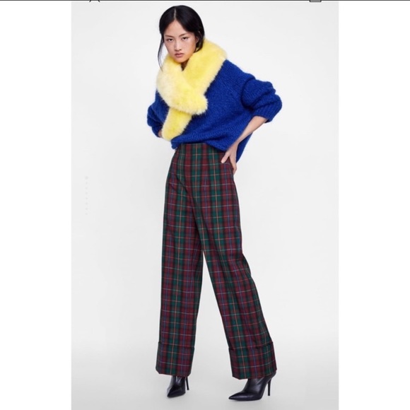 Zara plaid wide leg trousers with bottom cuff Sz. M - Picture 3 of 12